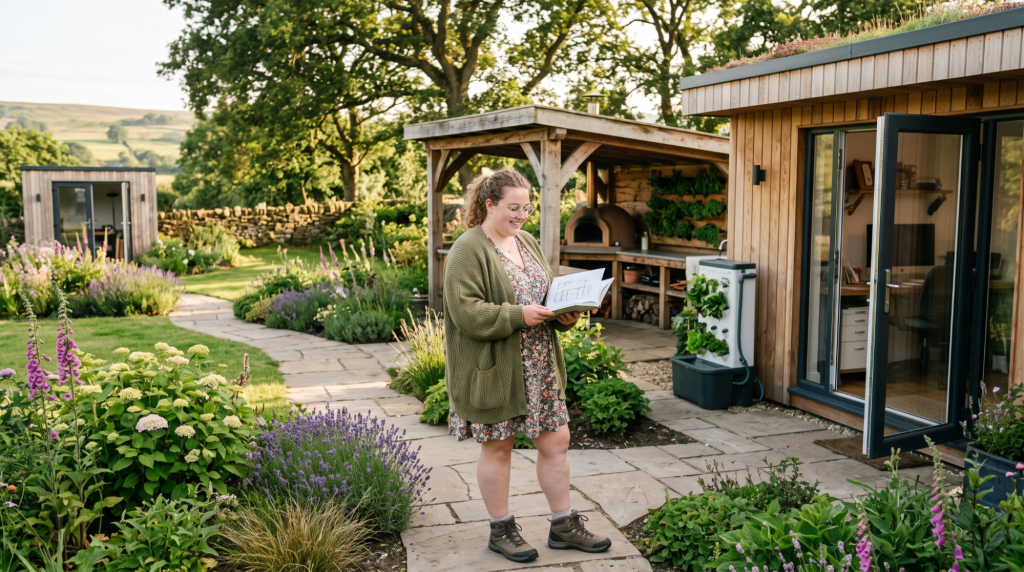 Woman in a garden holding a book, surrounded by lush greenery, modern garden shed in the background
