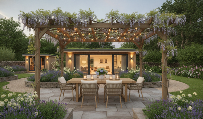 Outdoor dining area with wooden pergola, string lights, and lush garden in a serene backyard setting in the evening